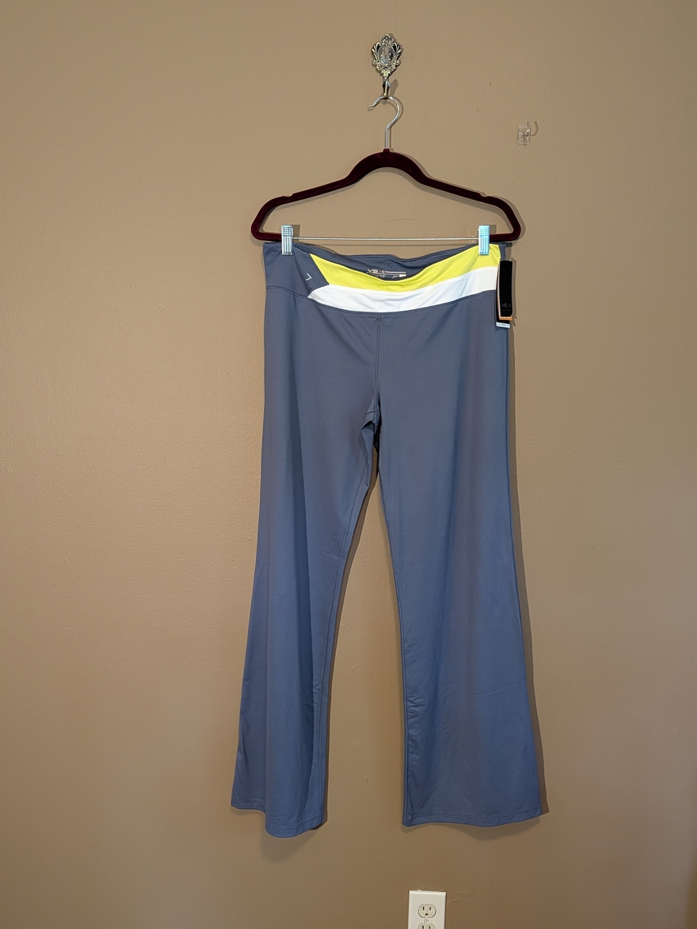 NWT. Victoria's Secret Slate Blue Wide Leg Yoga Pants Yellow & White Waistband.